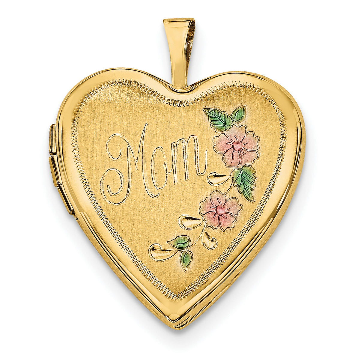 14k Yellow Gold Heart Locket Pendant with Mom Engraving and Floral Accents