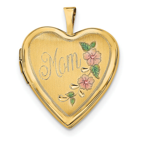 14k Yellow Gold Heart Locket Pendant with Mom Engraving and Floral Accents