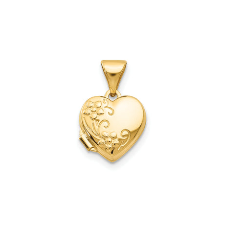 14k Yellow Gold Heart Locket Pendant with Floral Design and Polished Finish for Women