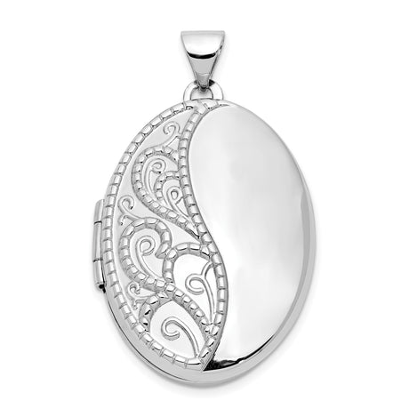 14k White Gold Oval Locket Pendant with Filigree Swirl Design, Vintage Style Keepsake for Women