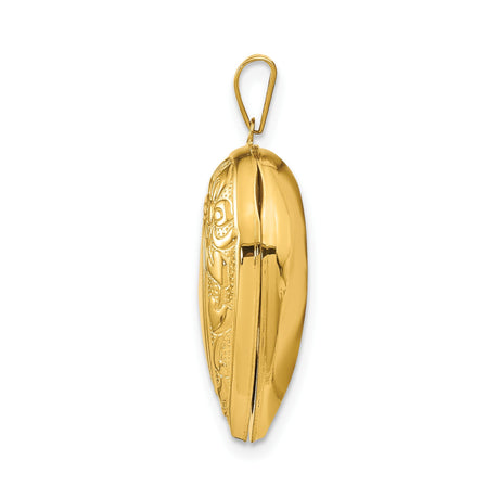 14k Yellow Gold Heart Locket Pendant with Floral and Swirl Engraving, Openable Photo Charm