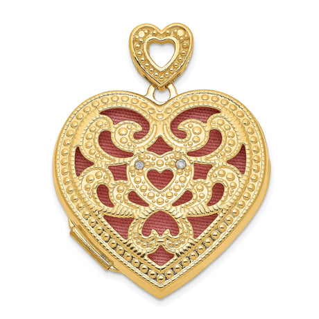 14k Yellow Gold Heart Locket Pendant with Diamond and Red Enamel Filigree Design