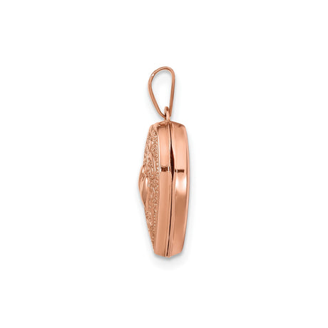14k Rose Gold Heart Locket Pendant with Raised Hearts and Scroll Design
