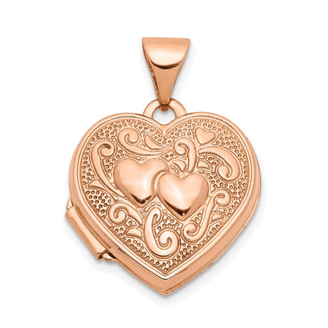 14k Rose Gold Heart Locket Pendant with Raised Hearts and Scroll Design