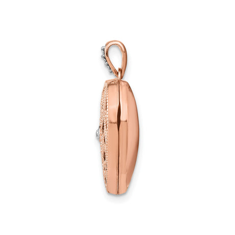 14k Rose Gold Heart Locket Pendant with Diamond Accent, Filigree Floral Design, Vintage Style