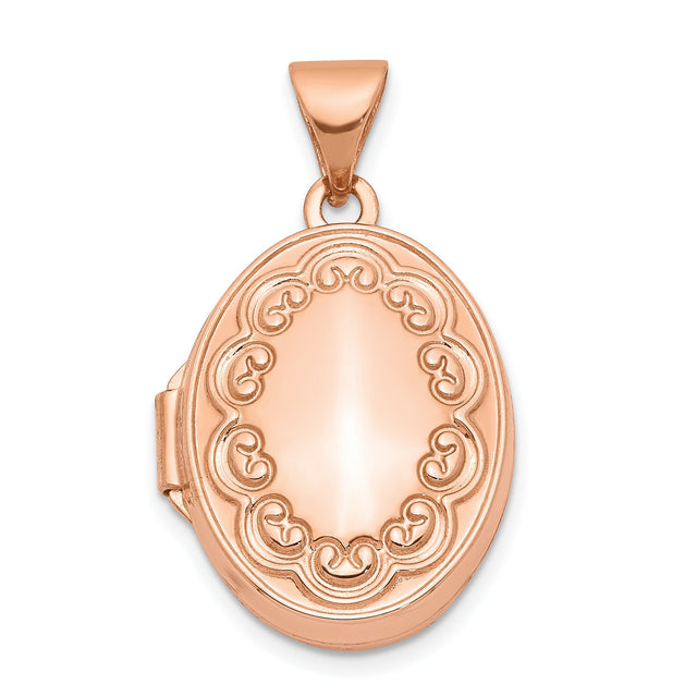 14k Rose Gold Oval Locket Pendant with Filigree Scroll Design, Vintage Style for Women