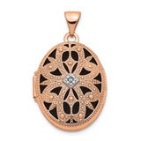 14k Rose Gold Oval Locket Pendant with Diamond Accent, Vintage Floral Filigree Design