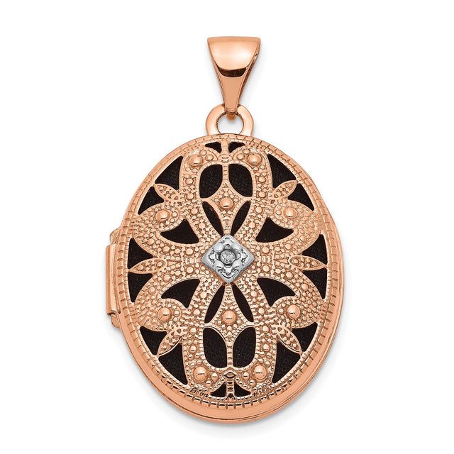 14k Rose Gold Oval Locket Pendant with Diamond Accent, Vintage Floral Filigree Design