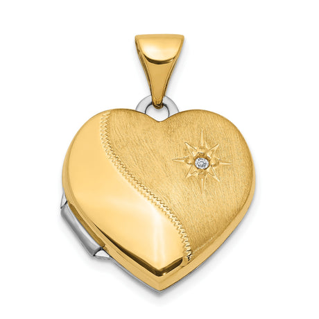 14k Two-Tone Gold Heart Locket Pendant with Diamond Starburst Engraving, Reversible Design