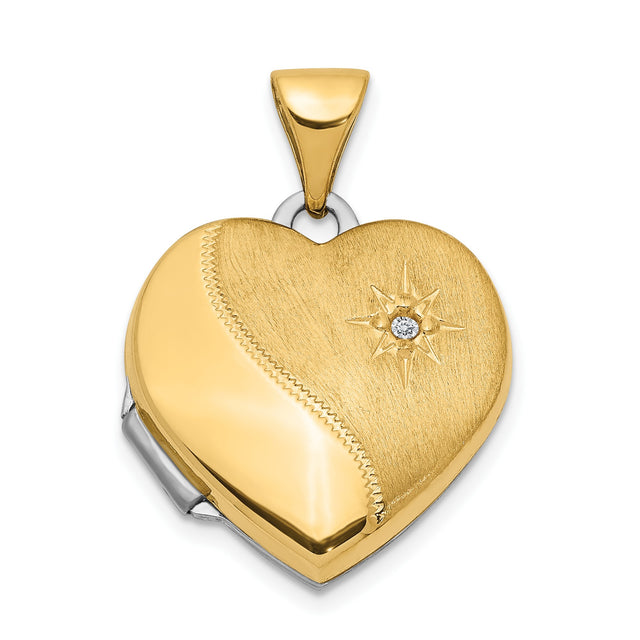 14k Two-Tone Gold Heart Locket Pendant with Diamond Starburst Engraving, Reversible Design