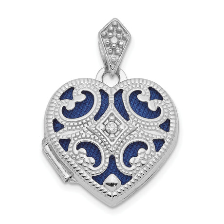 14k White Gold Heart Locket Pendant with Diamond Accent, Blue Enamel Scrollwork Design