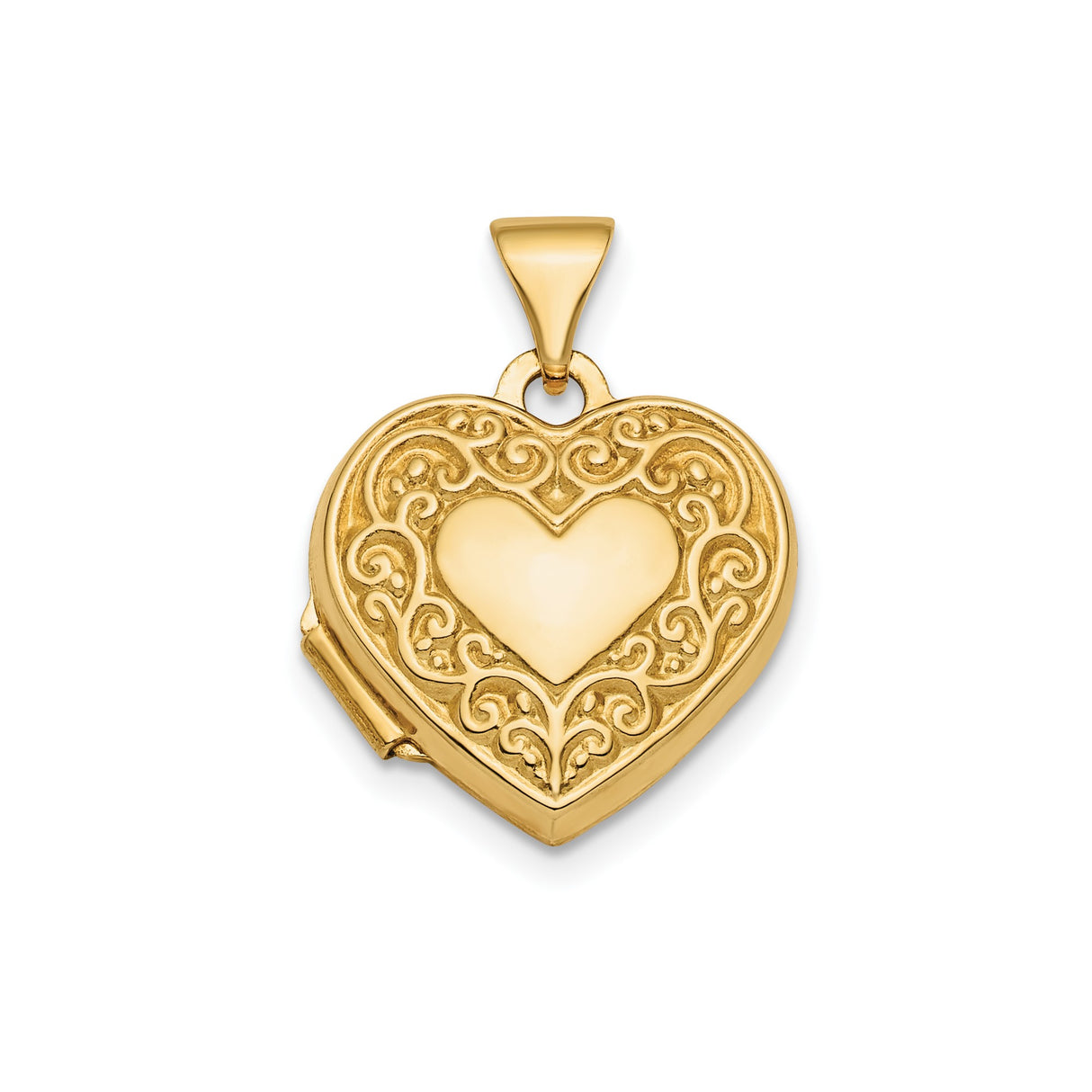 14k Yellow Gold Heart Shaped Locket Pendant with Ornate Scrollwork Design for Women