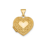 14k Yellow Gold Heart Shaped Locket Pendant with Ornate Scrollwork Design for Women