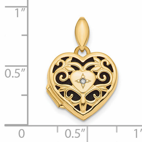 Polished Filigree Diamond Heart Locket Charm Pendant in Real 14k Yellow Gold