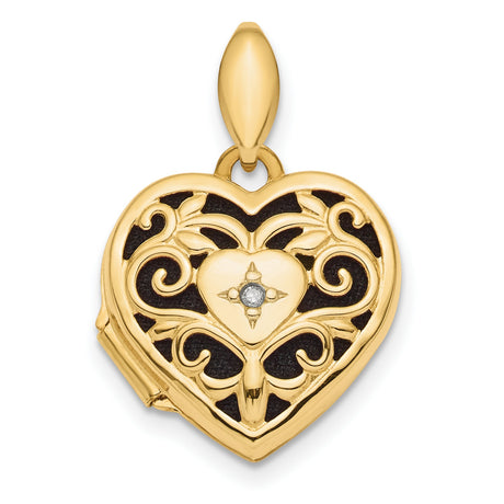 Polished Filigree Diamond Heart Locket Charm Pendant in Real 14k Yellow Gold