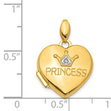 14k Yellow Gold Heart Locket Pendant with Crown Engraving and Diamond for Girls