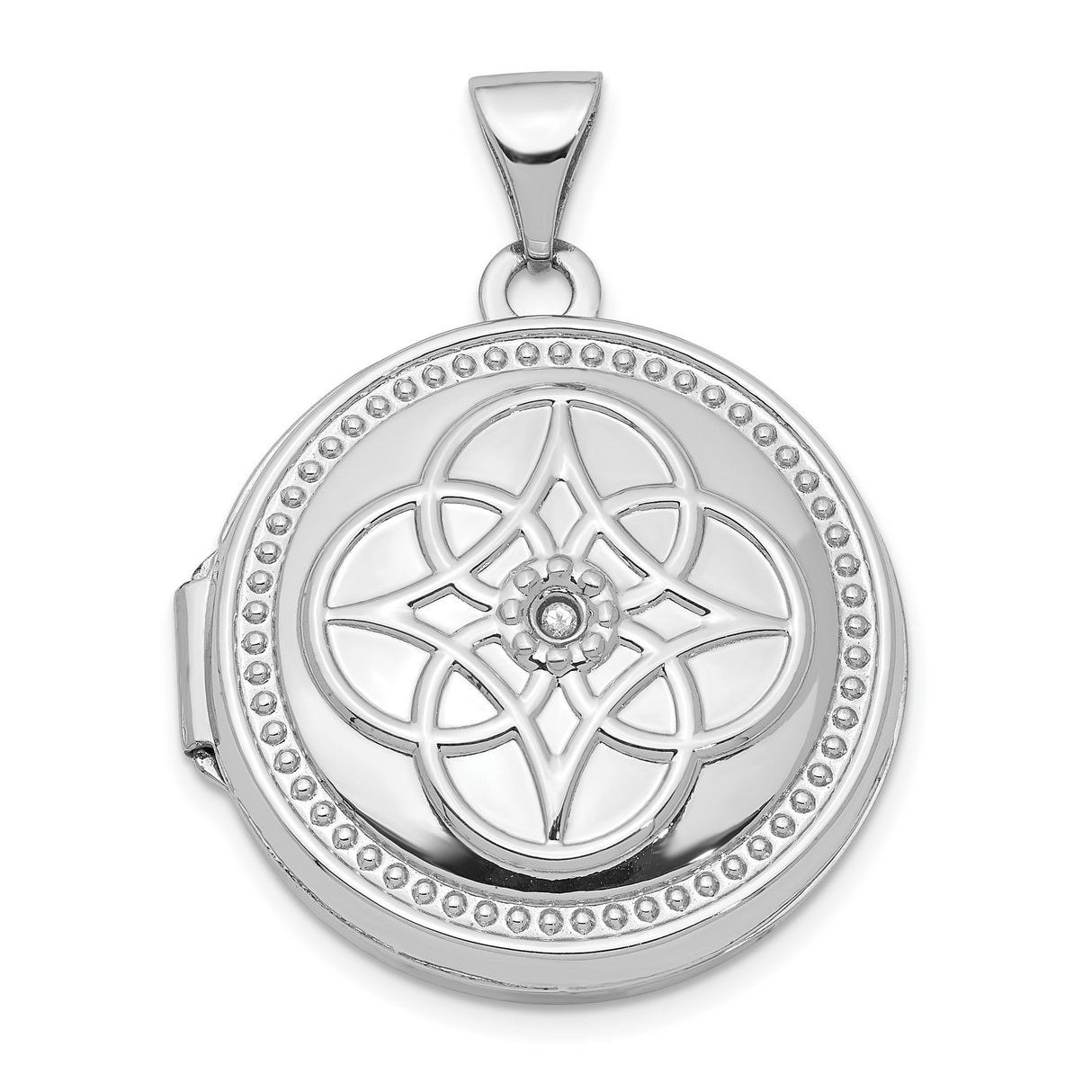 14k White Gold Locket Pendant with Diamond, Celtic Knot and Floral Motif for Women