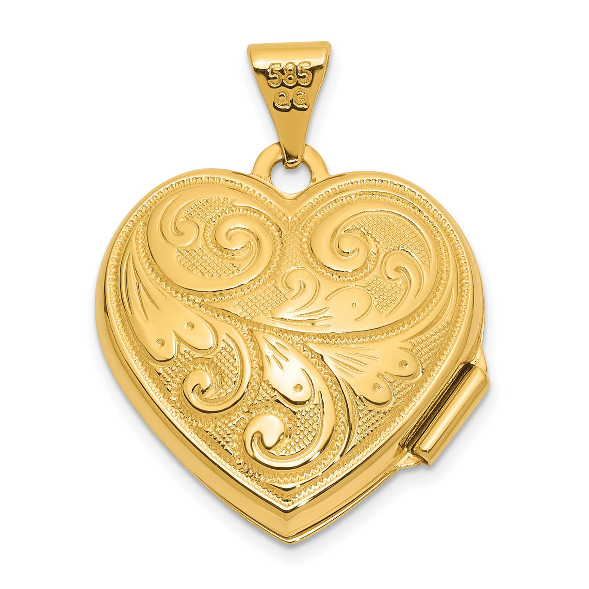 14k Yellow Gold Heart Locket Pendant with Floral Scrollwork Design for Women