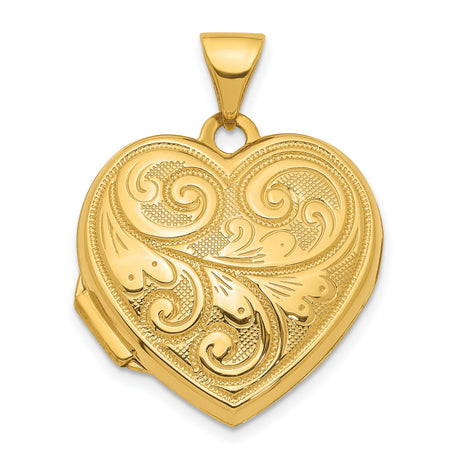 14k Yellow Gold Heart Locket Pendant with Floral Scrollwork Design for Women