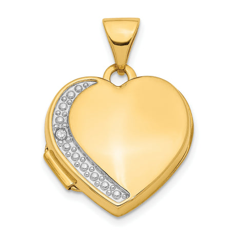 14k Yellow Gold Heart Locket Pendant with Diamond Accent, Polished and Textured Design
