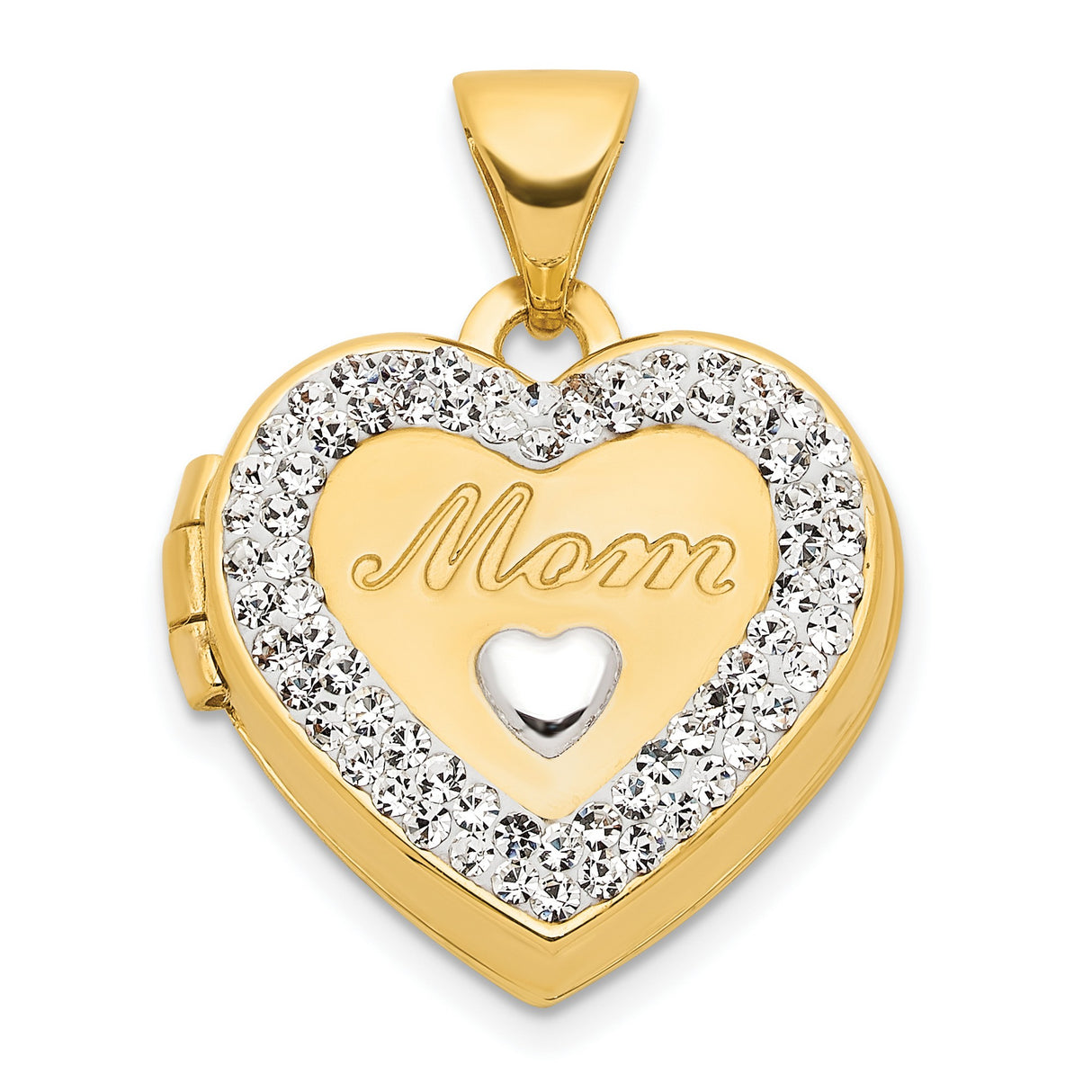 14k Multi-Tone Gold Heart Locket Pendant with Crystal Accents, Mom Cutout Design