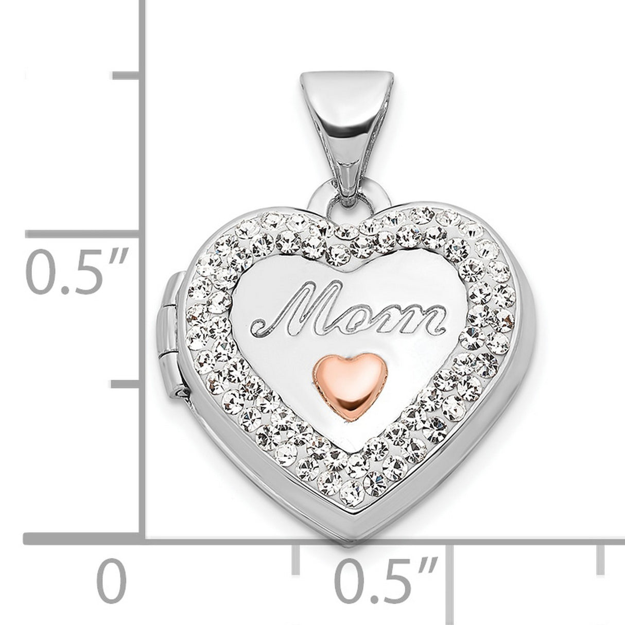 Crystal 16mm MOM Heart Charm Pendant in Real 14k White Gold