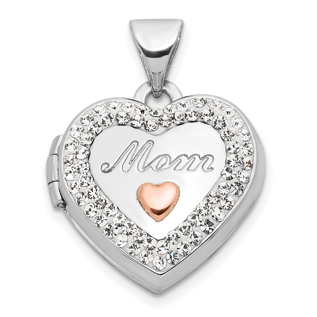 Crystal 16mm MOM Heart Charm Pendant in Real 14k White Gold