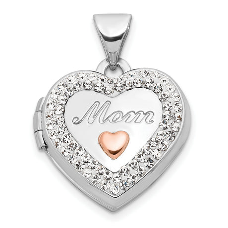 Crystal 16mm MOM Heart Charm Pendant in Real 14k White Gold