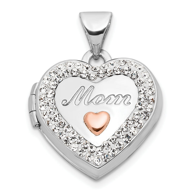 Crystal 16mm MOM Heart Charm Pendant in Real 14k White Gold
