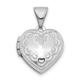 14k White Gold Heart Locket Pendant with Scroll Pattern, Photo Holder Charm for Women