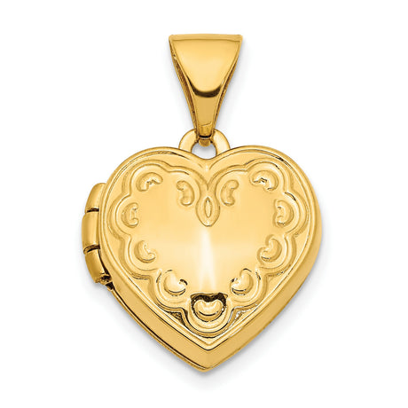 14k Yellow Gold Heart Locket Pendant with Scrollwork Design for Women