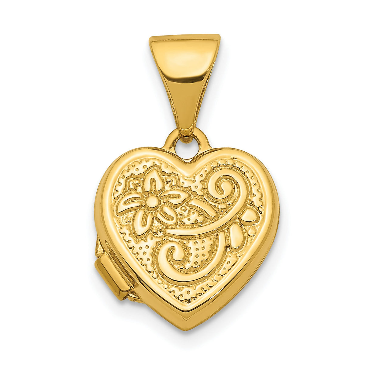 11mm Floral Heart Charm Pendant in Real 14k Yellow Gold