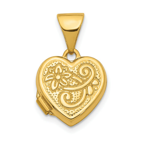 11mm Floral Heart Charm Pendant in Real 14k Yellow Gold