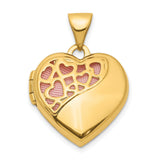 14k Yellow Gold Heart Locket Pendant with Filigree Design and Pink Background