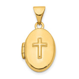 14k Yellow Gold Oval Locket Pendant with Raised Cross Design, Christian Jewelry for Women
