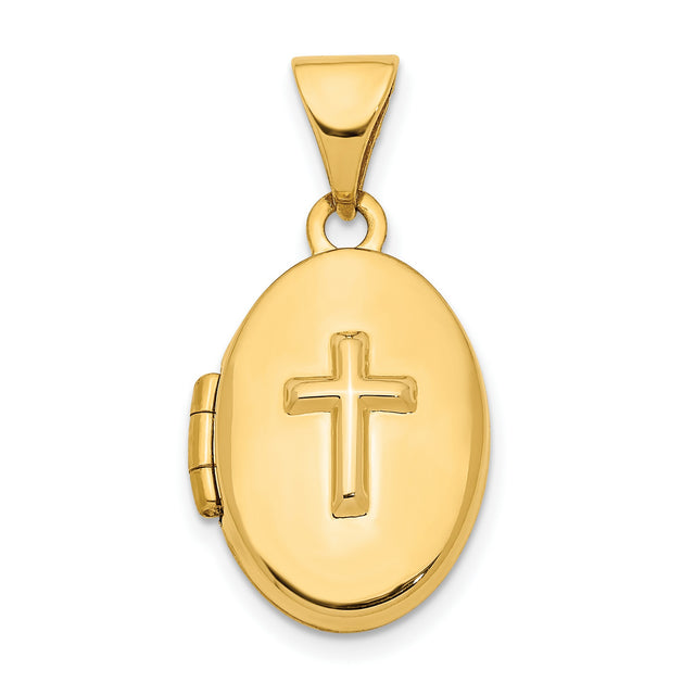 14k Yellow Gold Oval Locket Pendant with Raised Cross Design, Christian Jewelry for Women
