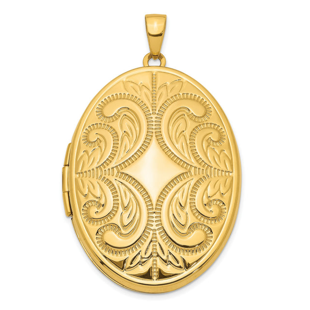14k Yellow Gold Oval Locket Pendant with Scrollwork and Floral Accents, Vintage Style Keepsake