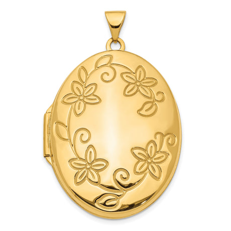 14k Yellow Gold Oval Locket Pendant with Floral Vine Design for Women