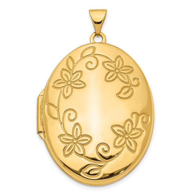 14k Yellow Gold Oval Locket Pendant with Floral Vine Design for Women
