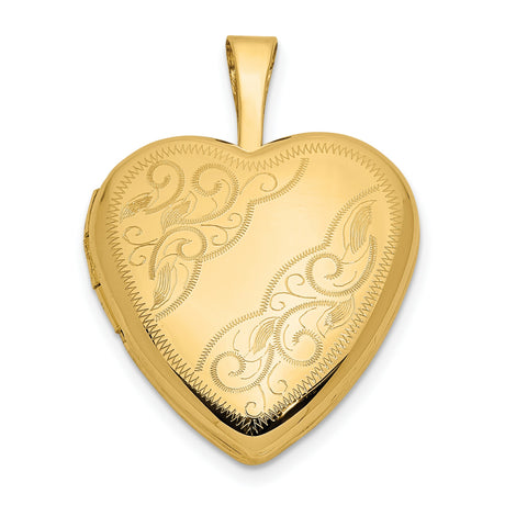14k Yellow Gold Heart Locket Pendant with Floral and Scroll Engraving, Vintage Keepsake Jewelry