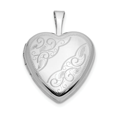 14k White Gold Heart Shaped Locket Pendant with Floral Scroll Engraving, Vintage Style Keepsake