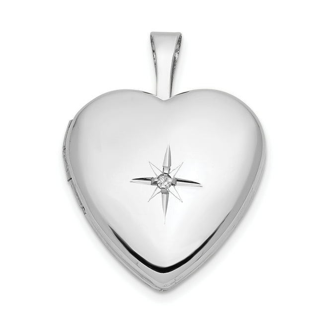 14k White Gold Heart Locket Pendant with Diamond Starburst Engraving