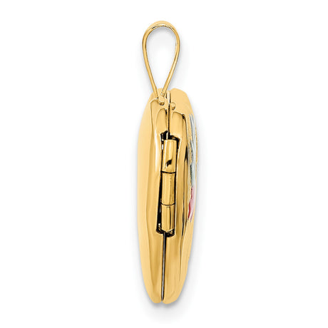 14k Yellow Gold Heart Locket Pendant with Raised Cross and Floral Accents