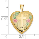 14k Yellow Gold Heart Locket Pendant with Raised Cross and Floral Accents