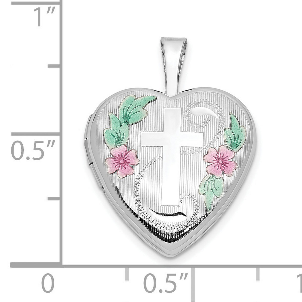 16mm with Enamel Floral Cross Heart Locket Charm Pendant in Real 14k White Gold