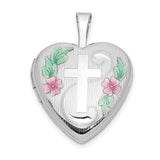 16mm with Enamel Floral Cross Heart Locket Charm Pendant in Real 14k White Gold