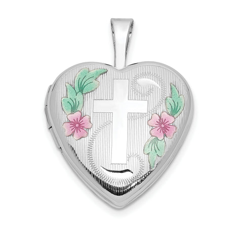 16mm with Enamel Floral Cross Heart Locket Charm Pendant in Real 14k White Gold