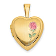 14k Yellow Gold Heart Locket Pendant with Enamel Pink Rose and Green Leaves, Satin Finish