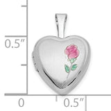 12mm Satin with Enamel Rose Heart Locket Charm Pendant in Real 14k White Gold