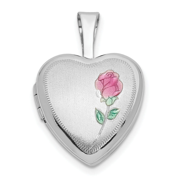 12mm Satin with Enamel Rose Heart Locket Charm Pendant in Real 14k White Gold